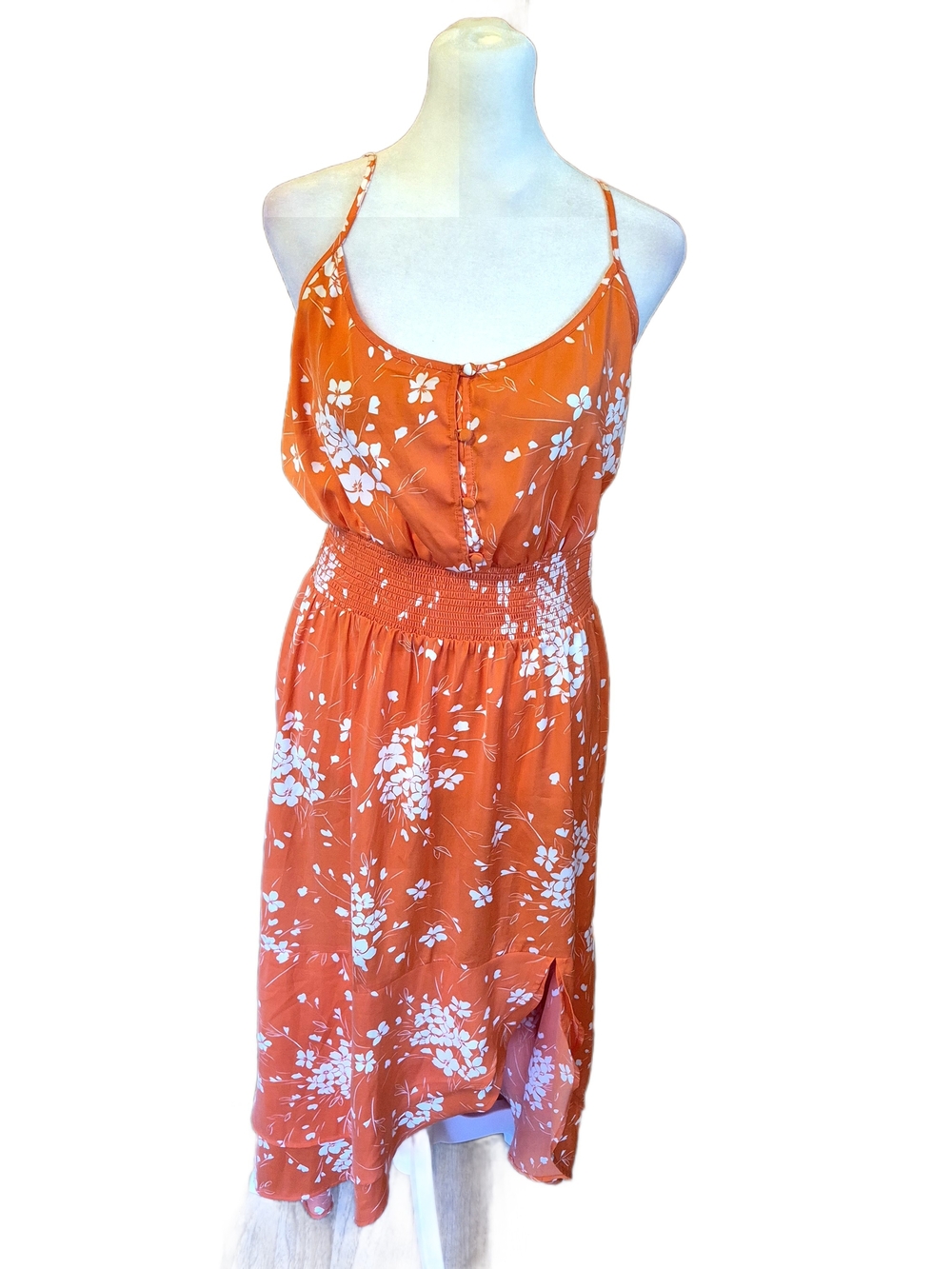 saltwater LUXE Orange Floral Smocked Midi Dress with Spaghetti Straps